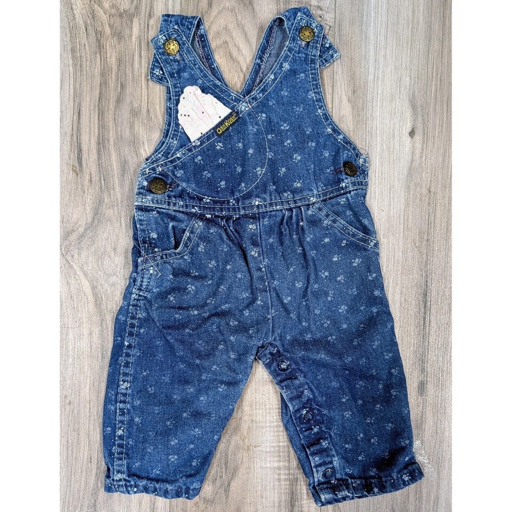 Vintage Oshkosh Lace Denim Daisy Floral Print Overalls Lace 3-6m made in USA